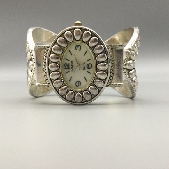 Geneva Elite Watch Women Silver Tone Open Cuff Oval Dial New Battery